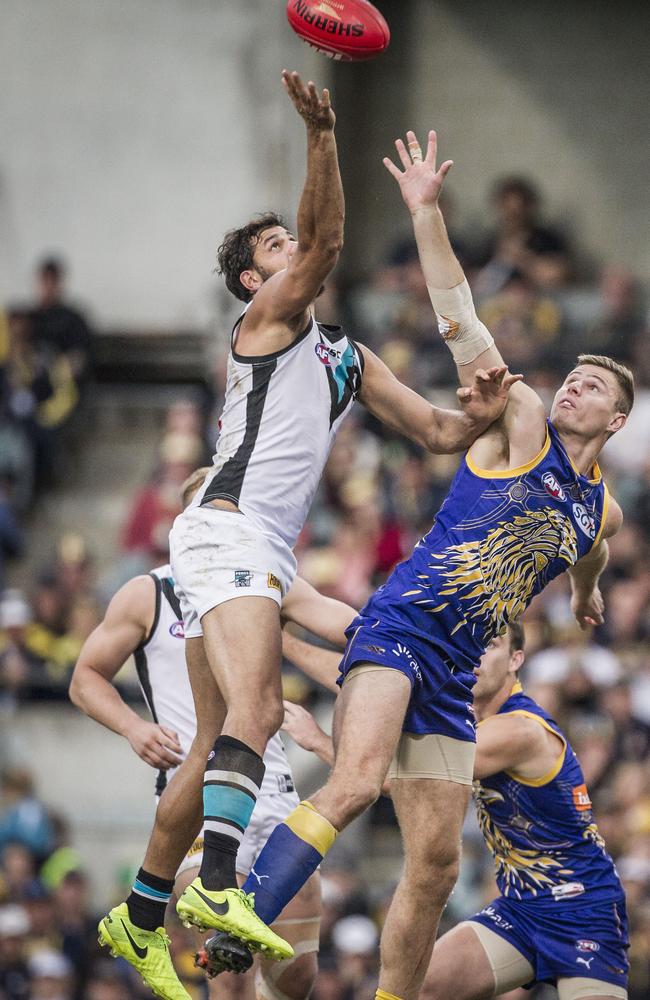 Port’s All-Australian ruckman Paddy Ryder goes up against Nathan Vardy earlier this season. Picture: AAP Image/Tony McDonough