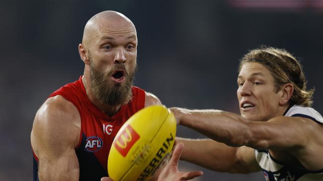 Max Gawn and Rhys Stanley hunt the ball. Picture: Michael Klein