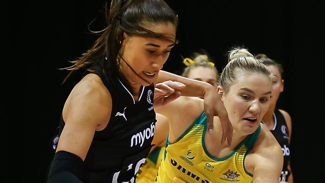 Maria Folau and Courtney Bruce clash during the Constellation Cup last year.