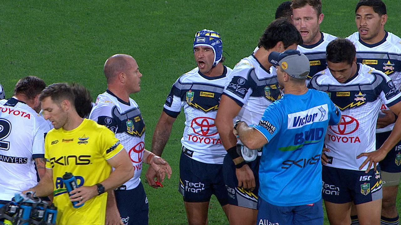 Johnathan Thurston stands behind the posts after an AJ Brimson try.
