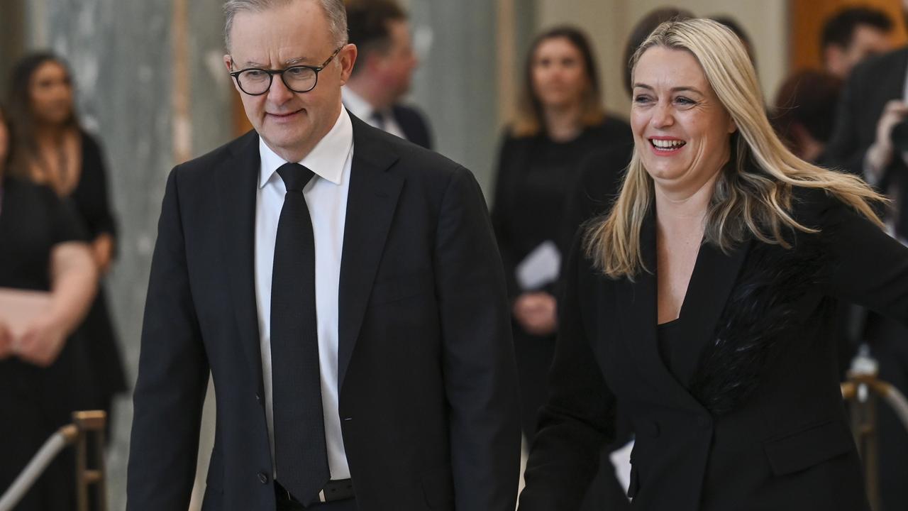 Anthony Albanese and his partner Jodie Haydon arrive at the National Memorial Service for Queen Elizabeth II in London. Picture: Martin Ollman/Getty Images