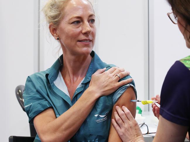 The Pfizer COVID-19 vaccine being administered in regional Queensland at the Cairns Hospital. But only 22 per cent of available doses have been administered. Picture: Brendan Radke