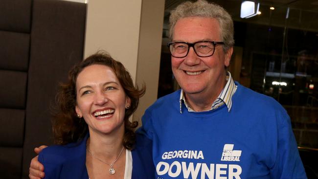 Georgina Downer with her father, Alexander Downer, after the Mayo by-election last year. Picture: Kelly Barnes/AAP