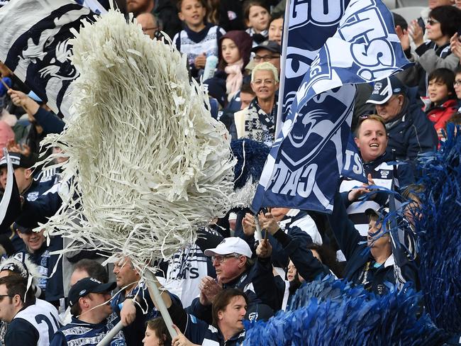 Fans of the Cats are seen during the Round 23 AFL match between the Geelong Cats and the Carlton Blues at GMHBA Stadium in Geelong, Saturday, August 24, 2019. (AAP Image/Julian Smith) NO ARCHIVING, EDITORIAL USE ONLY