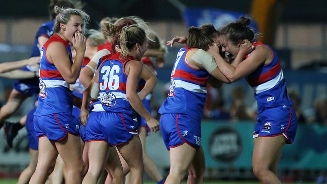 The Western Bulldogs celebrate their big win. Picture: AAP Images