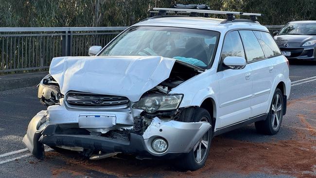 A three car crash occurred on the Shannon Ave Bridge in Newtown on Wednesday evening. Picture: Alan Barber