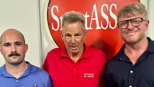 Sam Newman poses with notorious neo-Nazis Thomas Sewell (L) and Blair Cottrell (R). Picture: X