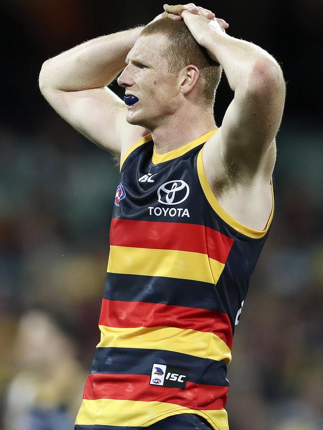 Sam Jacobs shows his pain after losing his 200th game against Collingwood in round 22. Picture: SARAH REED.