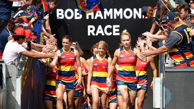 Adelaide’s AFLW side walk up the Bob Hammond Race at Adelaide Oval. Picture: Getty Images