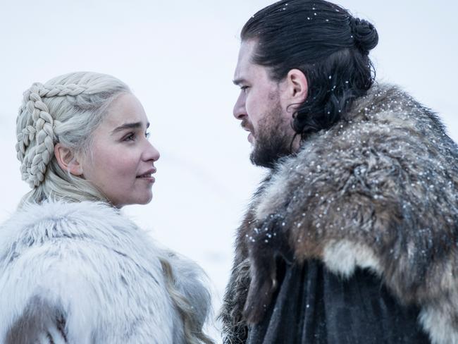 Emilia Clarke and Kit Harington as Daenerys Targaryen and Jon Snow in the final season of Foxtel/HBO drama series, Game Of Thrones. Picture: Helen Sloan/HBO