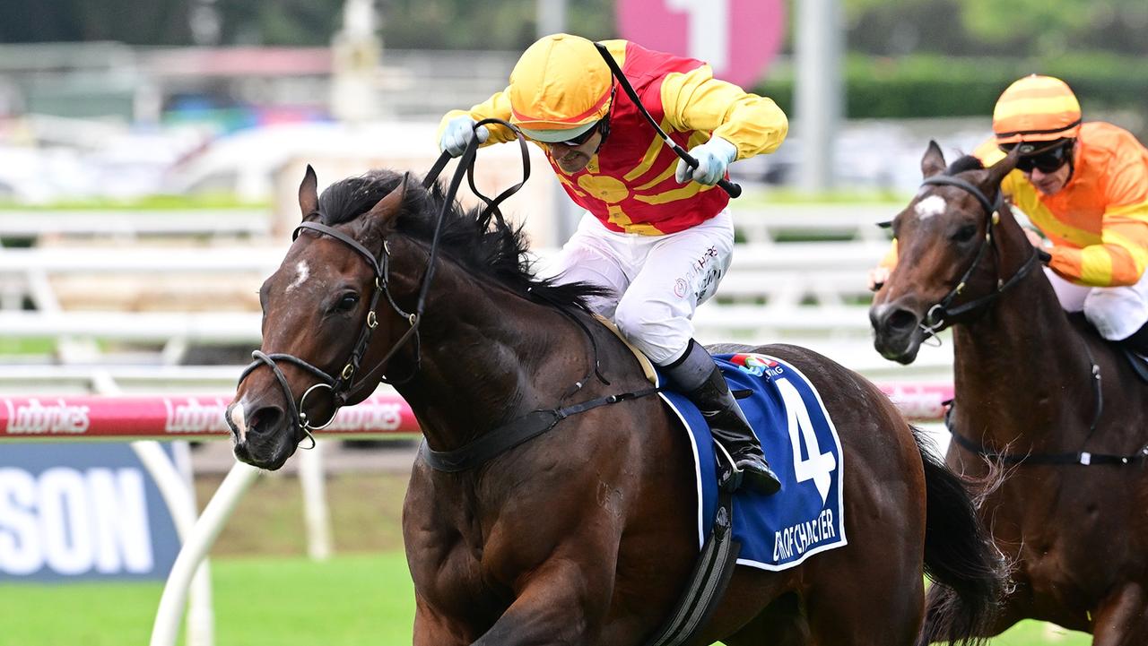 Noel Callow steers Depth Of Character to a big win in the Group 2 Queensland Guineas at Eagle Farm. Picture: Grant Peters/Trackside Photography