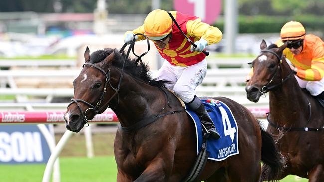 Noel Callow steers Depth Of Character to a big win in the Group 2 Queensland Guineas at Eagle Farm. Picture: Grant Peters/Trackside Photography