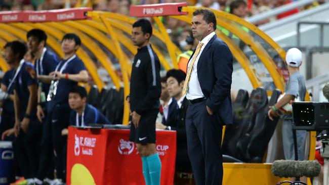 Socceroos coach Ange Postecoglou can only watch frustrated from the sidelines.