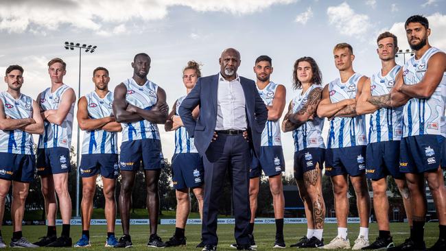 Ben Amarfio is joined by Paul Ahern, Matt McGuinness, Aiden Bonar, Majak Daw, Jed Anderson, Tarryn Thomas, Marley Williams, Kyron Hayden, Jy Simpkin and Aaron Hall as North Melbourne takes a stand against racism. Picture: Jake Nowakowski