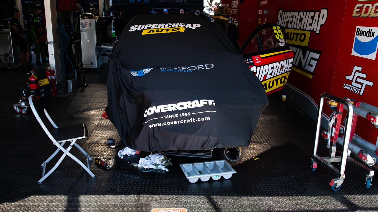 The written off car of Chaz Mostert after crashing during the Shootout. Picture: Daniel Kalisz