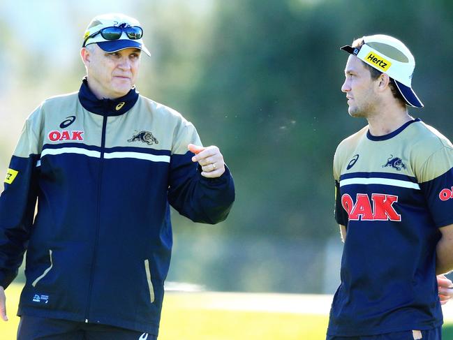 Matt Moylan talks to coach Anthony Griffin during Penrith Panthers training at The Panthers Academy ahead of their round 13 game against the Bulldogs. Pic Jenny Evans