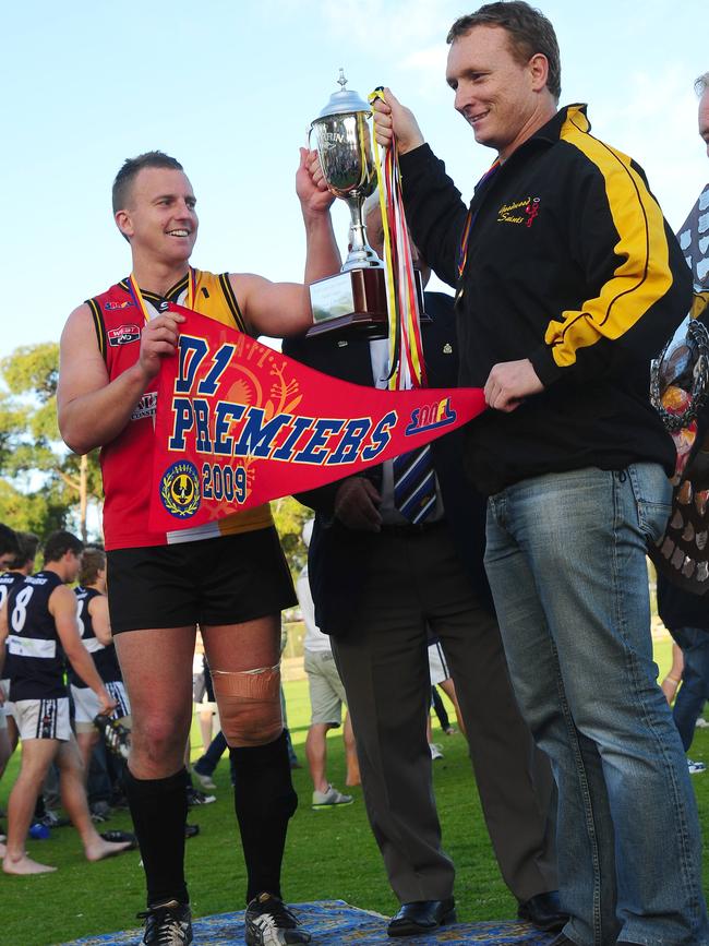 Goodwood skipper David Bartel and coach Trent Mills after their 2009 premiership win over Henley. Picture: File