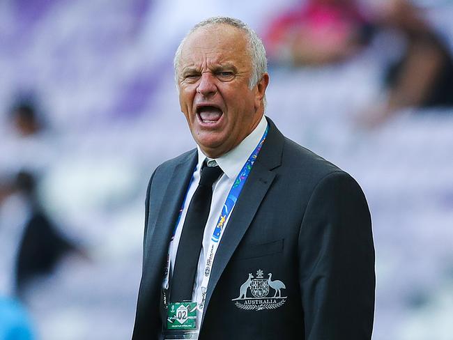 AL AIN, UNITED ARAB EMIRATES - JANUARY 06: Head coach Graham Arnold of Australia reacts during the AFC Asian Cup Group B match between Australia and Jordan at Hazza Bin Zayed Stadium on January 06, 2019 in Al Ain, United Arab Emirates. (Photo by Francois Nel/Getty Images)