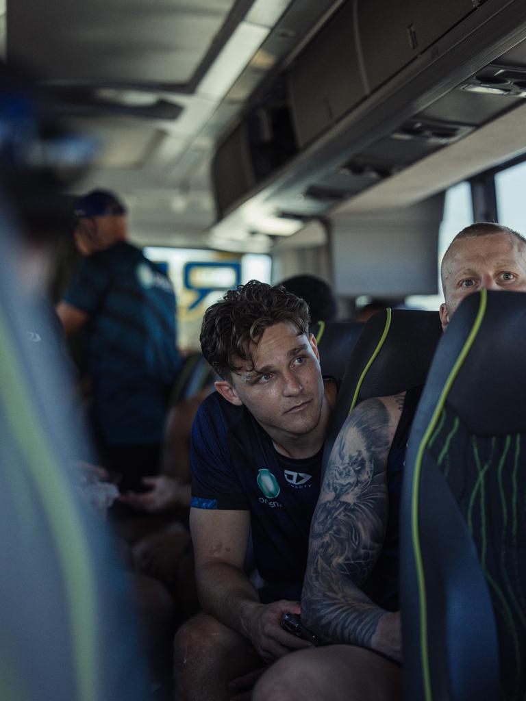 Halfback Luke Metcalf on the Warriors' team bus.