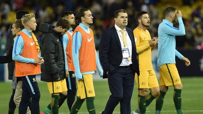 Socceroos coach Ange Postecoglou after the 2018 FIFA World Cup Qualifier game against Japan at Etihad Stadium.