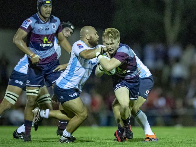 Isaac Lucas takes on the Waratahs’ defence in a Super Rugby trial game in Dalby. Picture: QRU Media