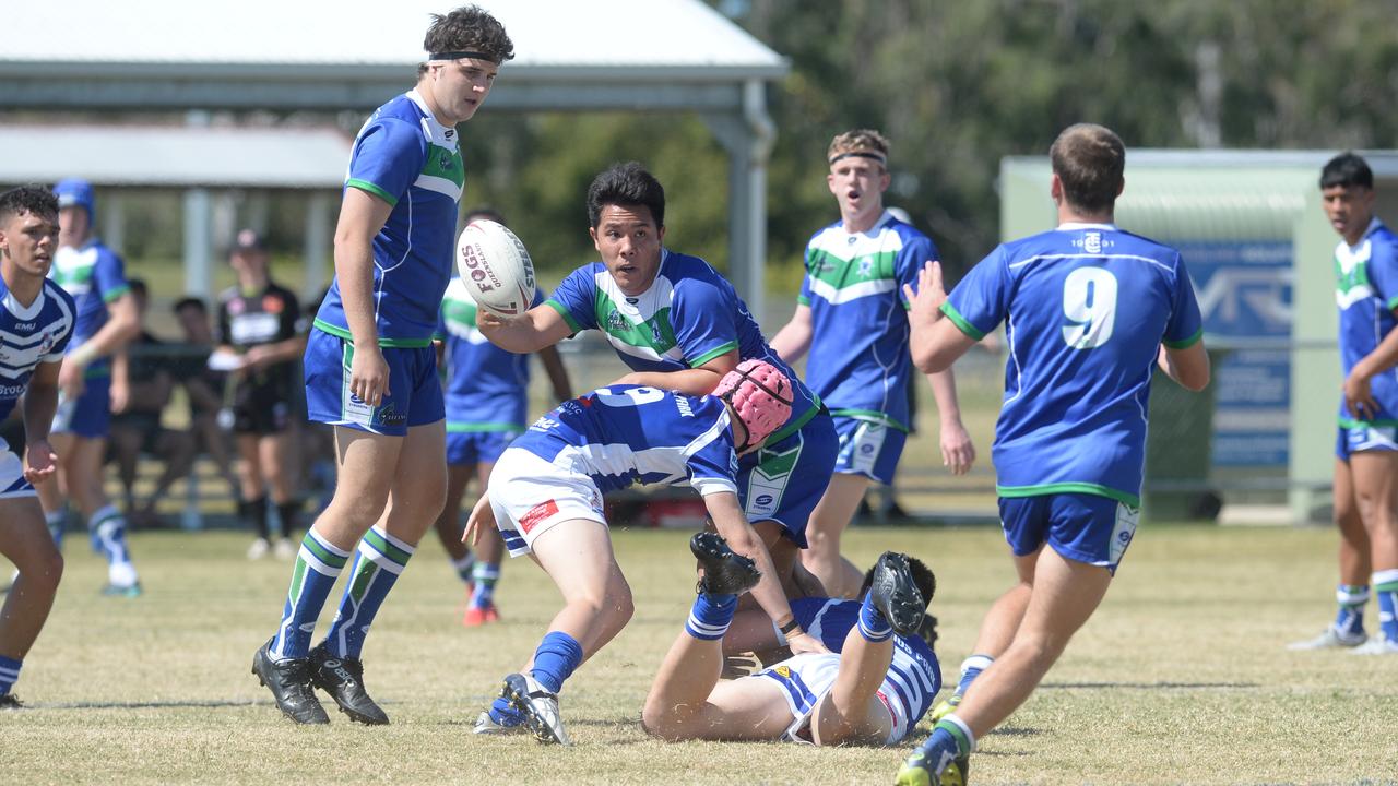 The Cathedral College’s Riley Boaza set to offload in the game against Ignatius Park in Mackay. Photo: Callum Dick