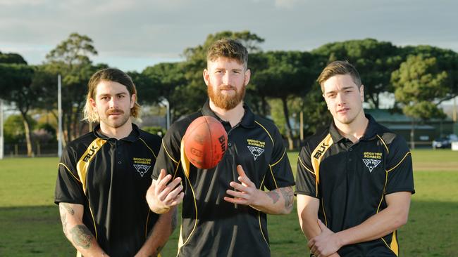 Josh Spurling, Will Rivers (captain) and Sam Kennedy from Brighton Footy Club are set to play off for the Division Three premiership. Picture: Morgan Sette/AAP.