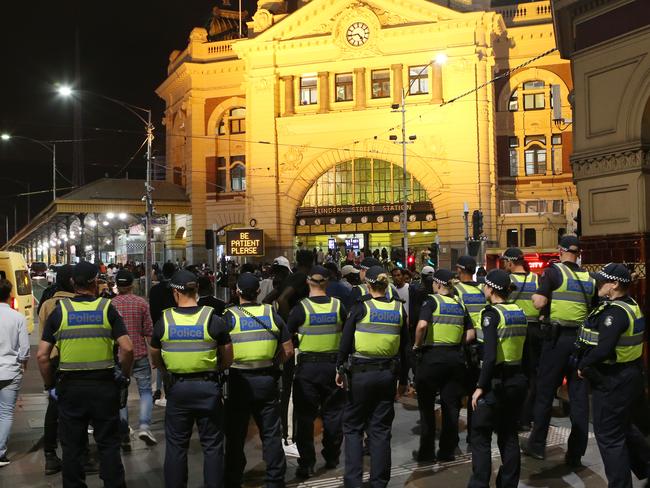 Police on high alert at Flinders Street Station in Melbourne on New Year’s Eve amid African gang violence fears. Picture: David Crosling