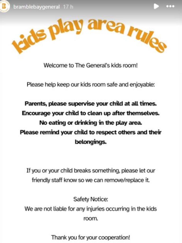 Signs are posted outside the play area informing parents of the rules. Picture: Bramble Bay General/Instagram