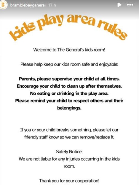 Signs are posted outside the play area informing parents of the rules. Picture: Bramble Bay General/Instagram