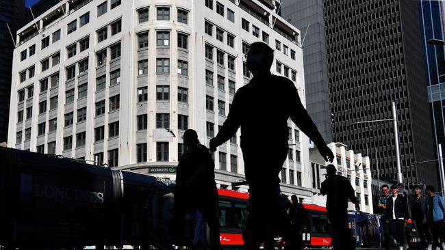 With restrictions being eased across Australia and in New South Wales the numbers of shoppers and workers are slowly increasing in the CBD in Sydney. Picture: AAP