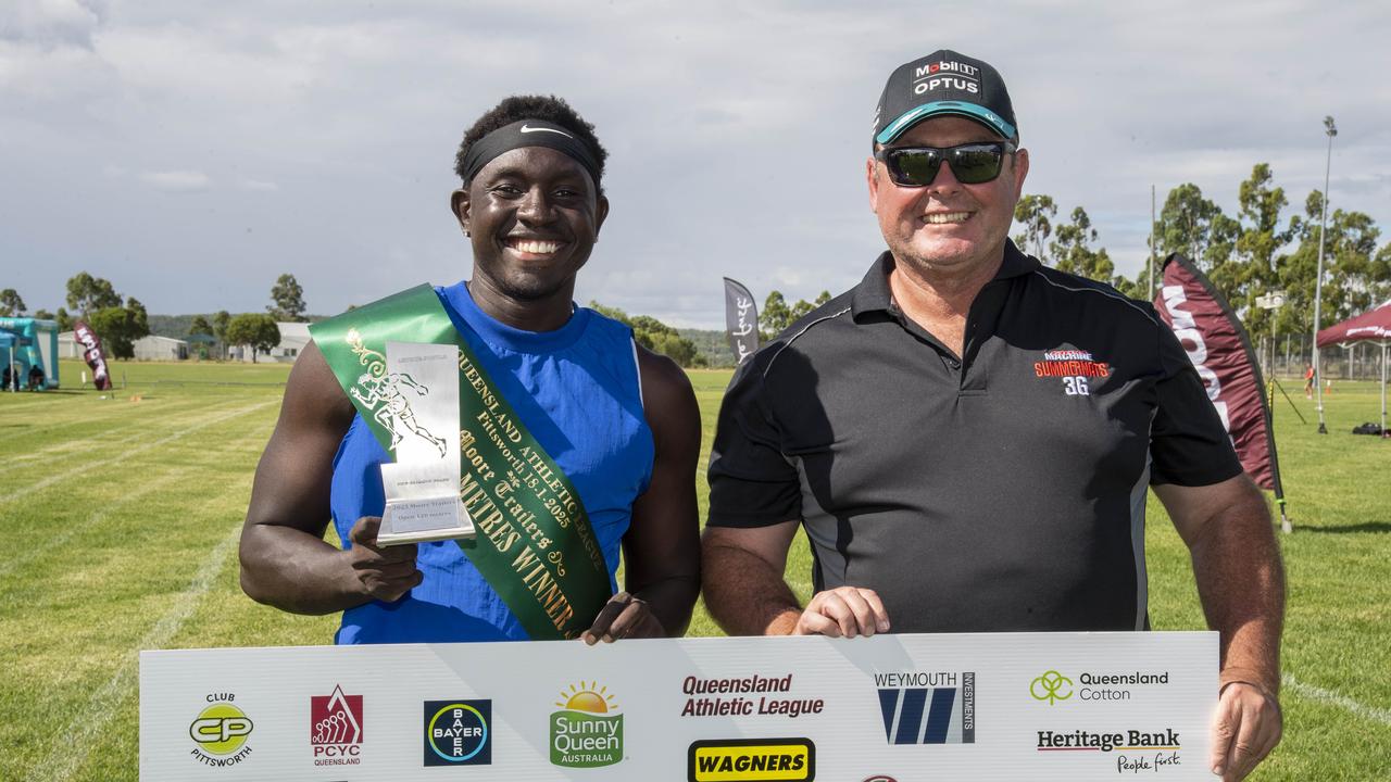 Anas Abu Ganaba winner of the Moore Trailers 120 metres open and Shayne Moore. The Arthur Postle Gift at Pittsworth. Saturday 18th January, 2025. Picture: Nev Madsen.