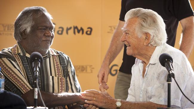 Yunupingu with Bob Hawke at Garma in 2014. Picture: Peter Eve