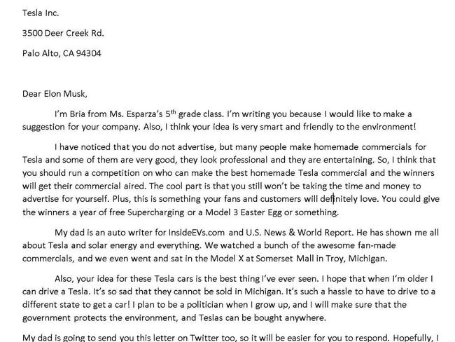 Girl, 10, writes letter to Tesla founder Elon Musk for his help with a school project and gets awesome response
