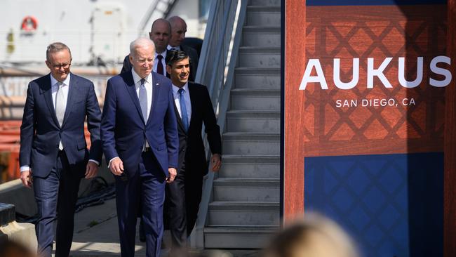 Anthony Albanese, US President Joe Biden and British Prime Minister Rishi Sunak after their trilateral meeting during the AUKUS summit in California this week. Picture: Getty Images