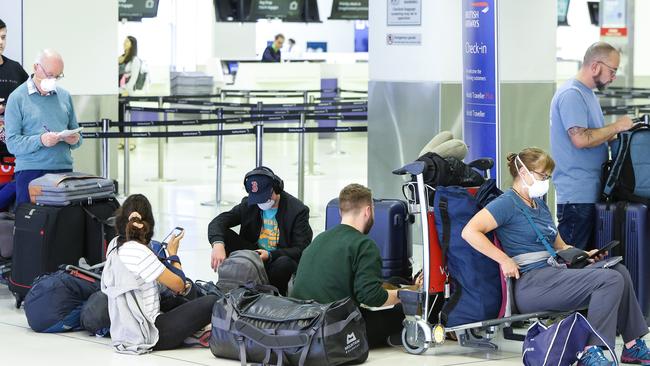 Travellers trapped at Sydney Airport on Thursday. Picture: Matrix