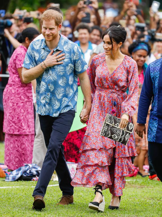 Harry and Meghan wore striking outfits at the University of the South Pacific. Picture: Getty Images