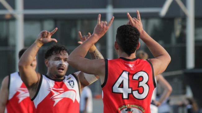 Isaiah Johnson, left, kicked three goals for Robinvale-Euston against Mildura. Picture: Glenn Milne.