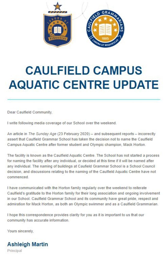 Caulfield Grammar principal Ashleigh Martin’s letter about naming the new swimming pool.