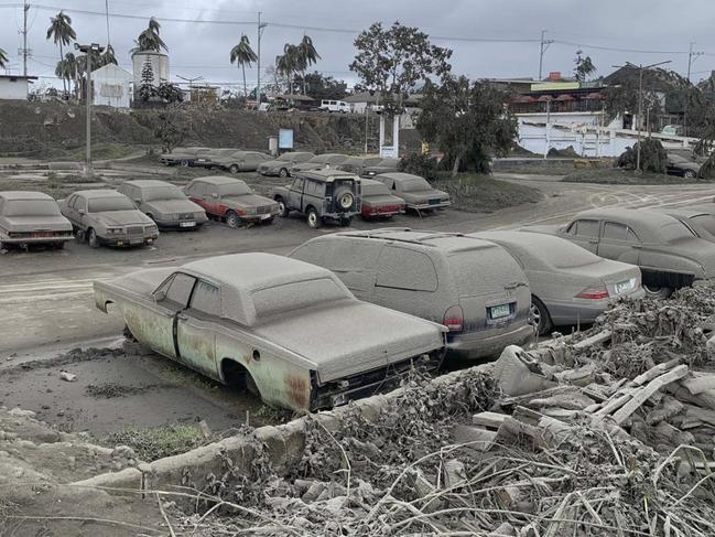 Volcanic ash covers cars parked in Tagaytay, Cavite province, southern Philippines. Picture: AP