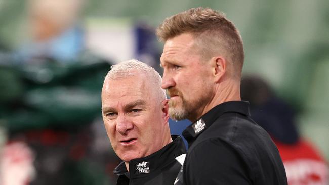 AFL Round 4.   10/04/2021.  Collingwood v Greater Western Sydney at the MCG.   Nathan Buckley, senior coach of the Magpies and footy boss Graeme Wright at 3\\4 time  . Pic: Michael Klein