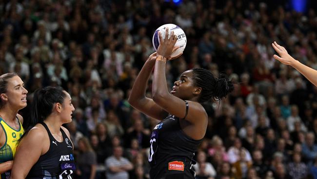 INVERCARGILL, NEW ZEALAND - OCTOBER 19: Grace Nweke of New Zealand shoots during game three of the Constellation Cup series between New Zealand Silver Ferns and Australia Diamonds at ILT Stadium Southland on October 19, 2023 in Invercargill, New Zealand. (Photo by Joe Allison/Getty Images)