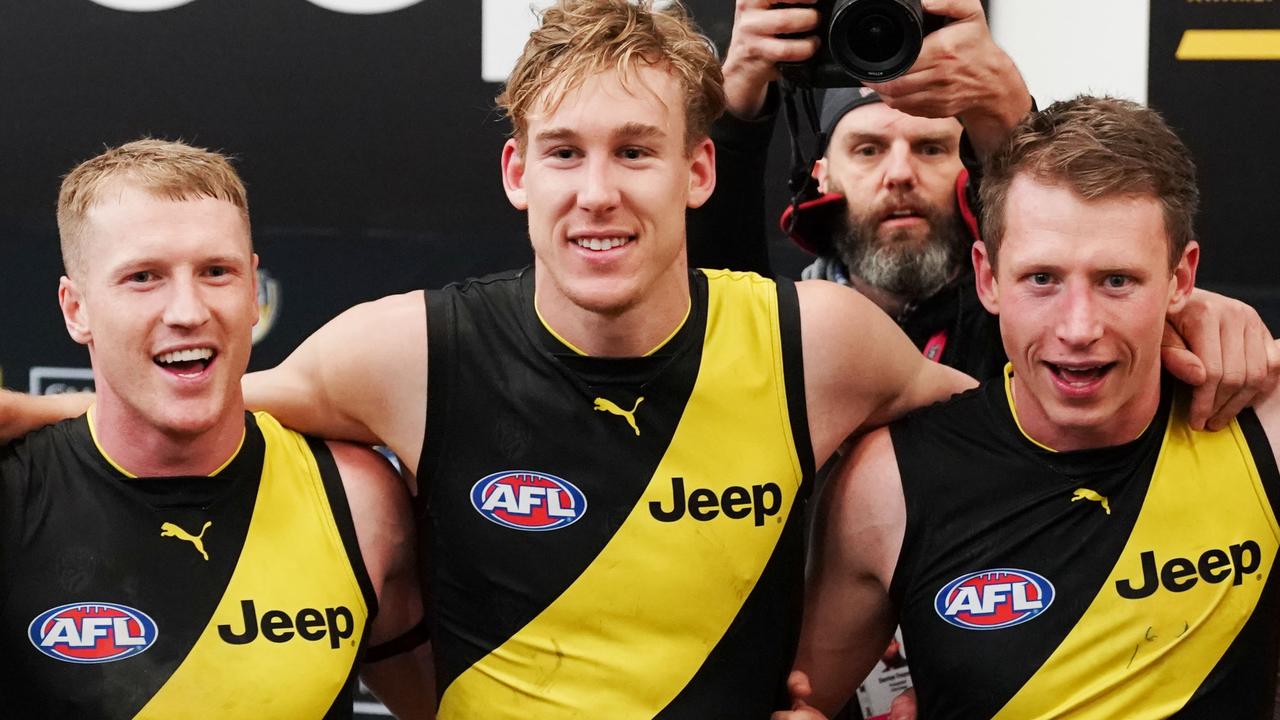 Josh Caddy (left) Tom Lynch (centre) and Dylan Grimes after Sunday’s win.