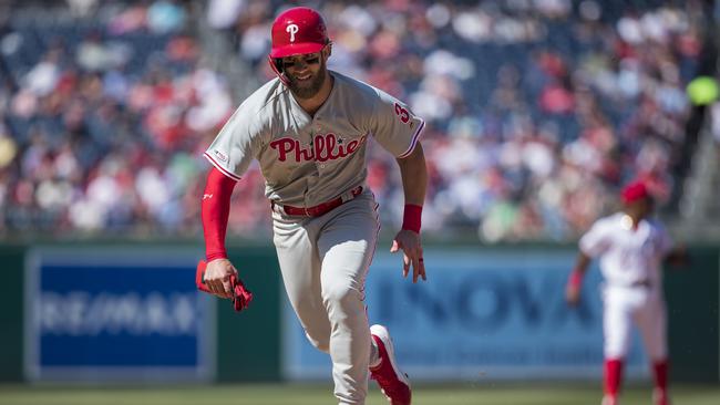 Bryce Harper on action for the Philadelphia Phillies against his old club, the Washington Nationals.