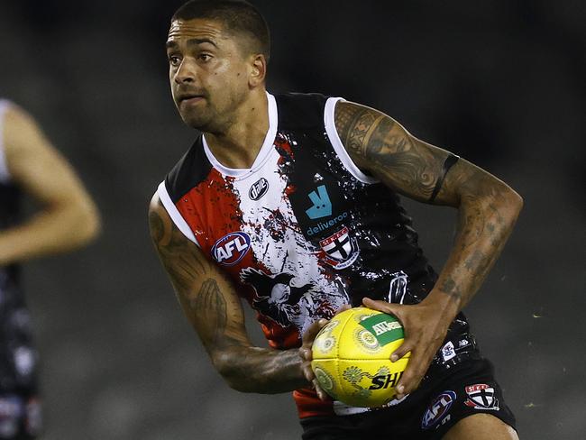 MELBOURNE, AUSTRALIA - MAY 29: Bradley Hill of the Saints runs with the ball during the round 11 AFL match between the St Kilda Saints and the North Melbourne Kangaroos at Marvel Stadium on May 29, 2021 in Melbourne, Australia. (Photo by Daniel Pockett/AFL Photos/via Getty Images )