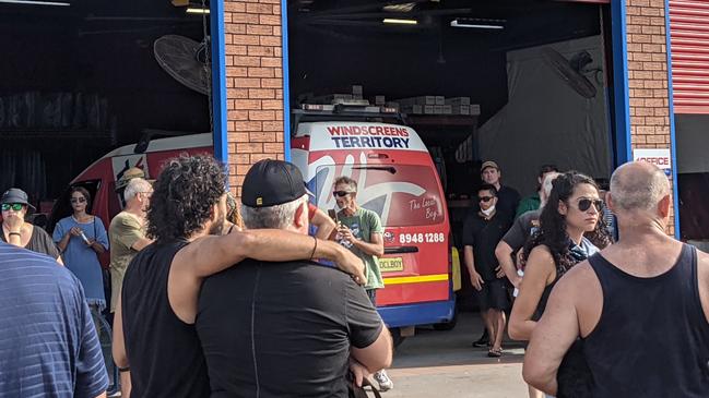 Anti-mandate and anti-vaccination demonstrators rallied at Windscreens Territory, Coconut Grove on Monday January 10, after it was shut down for not complying with the chief health officer’s directions. Picture: Zizi Averill