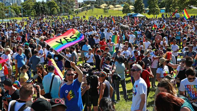 Marriage Equality supporters gather at Prince Alfred Park in Surry Hills. Picture: Toby Zerna