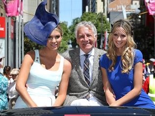 Melbourne Cup Parade. Ambassador Rebeccah Panozza ,host Jeff Banks and Nikki Phillips.Picture:Ian Currie