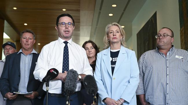 CANBERRA, Australia - NewsWire Photos - July 1, 2024: Leader of The Nationals David Littleproud and Senator Bridget McKenzie hold a press conference about the Keep the Sheep movement at Parliament House in Canberra. Picture: NewsWire / Martin Ollman