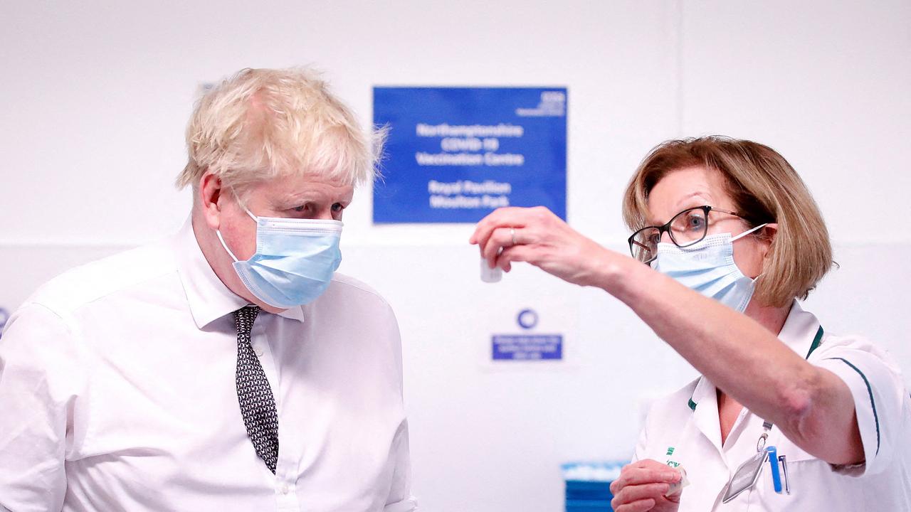 Britain's Prime Minister Boris Johnson at a vaccination centre. Picture: Peter Cziborra/Pool/AFP